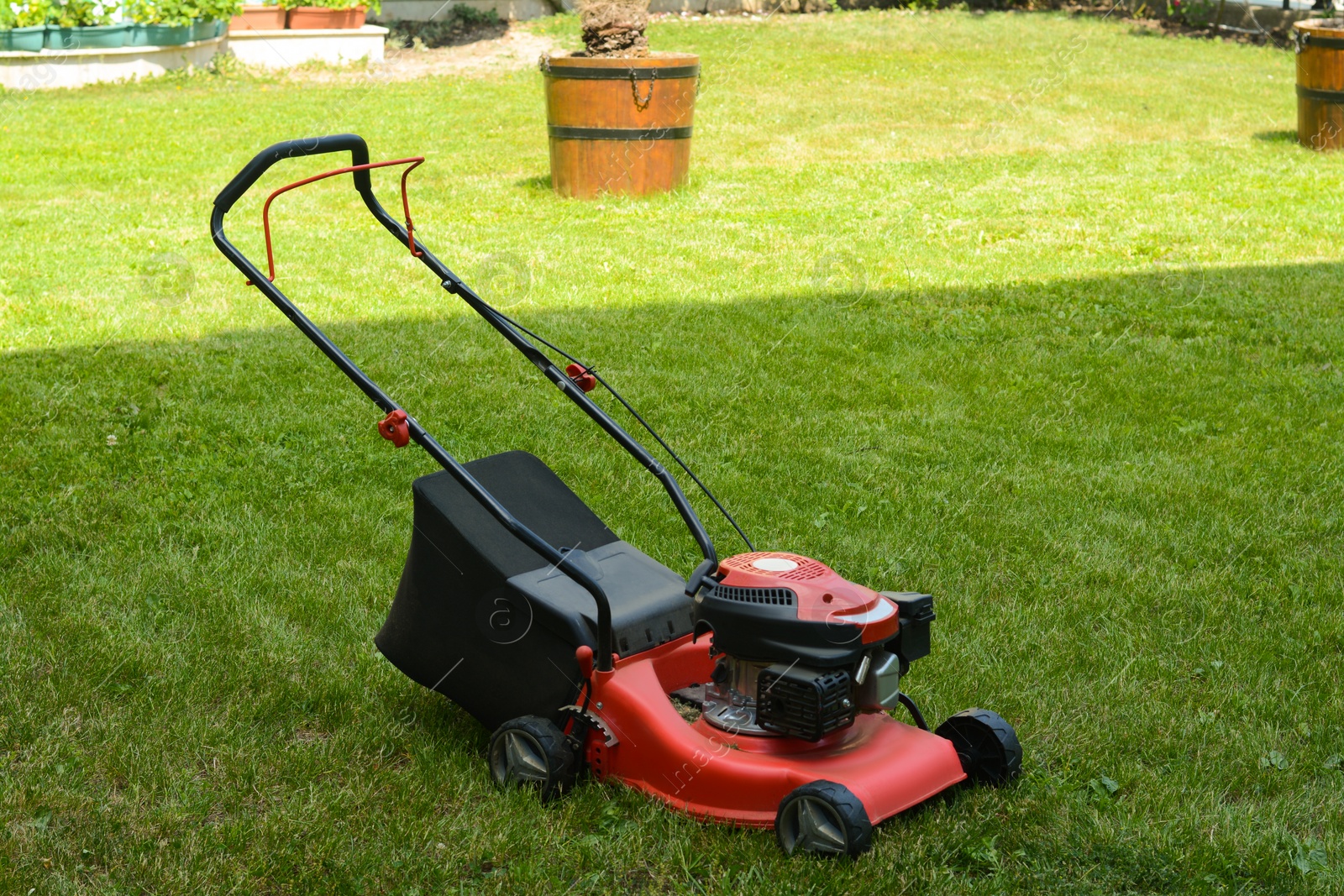 Photo of Modern garden lawn mower on green grass in park