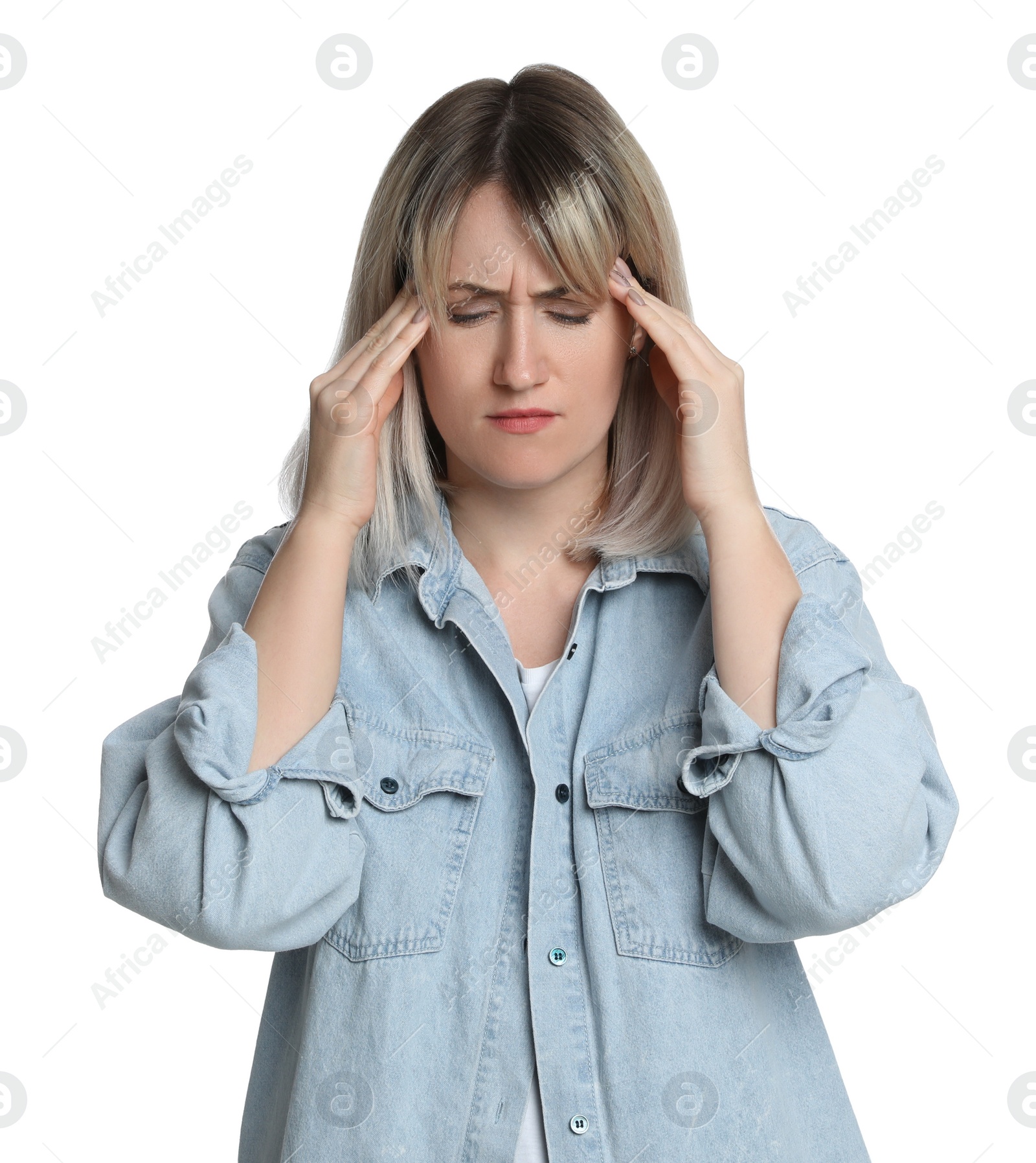 Photo of Woman suffering from headache on white background