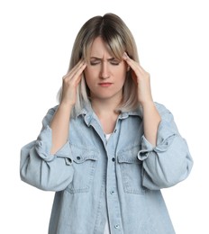 Woman suffering from headache on white background