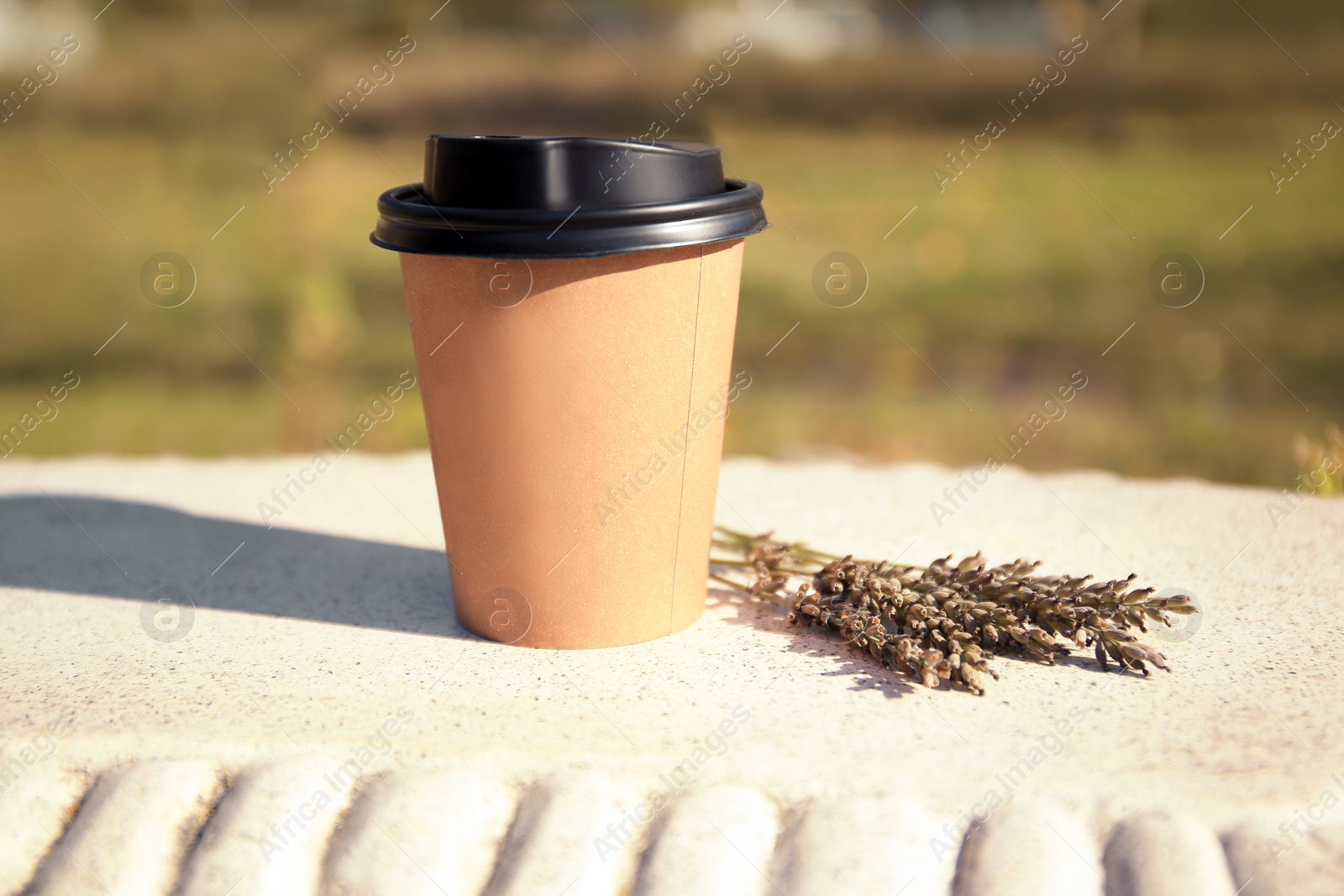 Photo of Cardboard cup with tasty coffee and dried flowers on stone bench outdoors