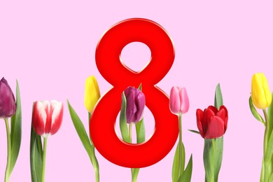 Image of March 8 - International Women's Day. Greeting card design with number 8 and flowers on pink background