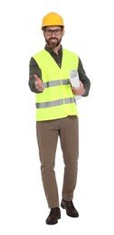 Photo of Architect in hard hat with draft greeting someone on white background