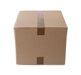 Photo of Cardboard box on white background. Mockup for design