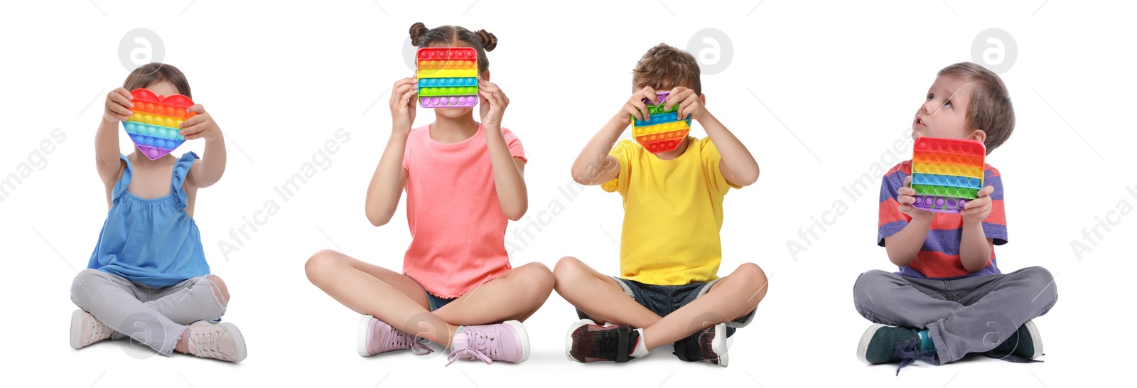 Image of Cute children with pop it fidget toys on white background, collage. Banner design