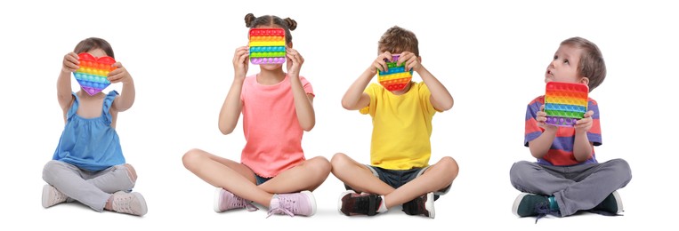 Image of Cute children with pop it fidget toys on white background, collage. Banner design