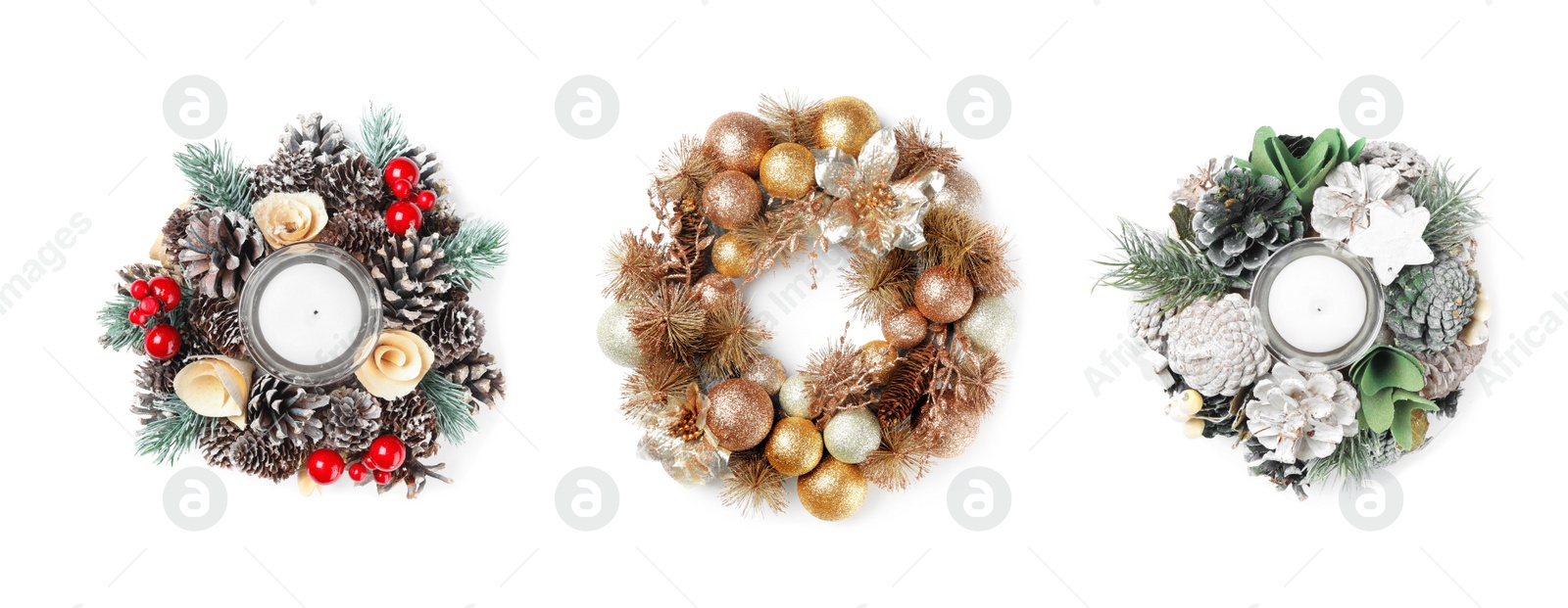 Image of Set with beautiful Christmas wreaths on white background, banner design