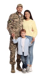 Photo of Ukrainian defender in military uniform with his family on white background