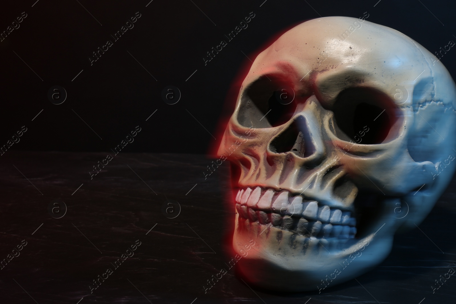 Photo of Human skull in neon lights on dark grey table. Space for text