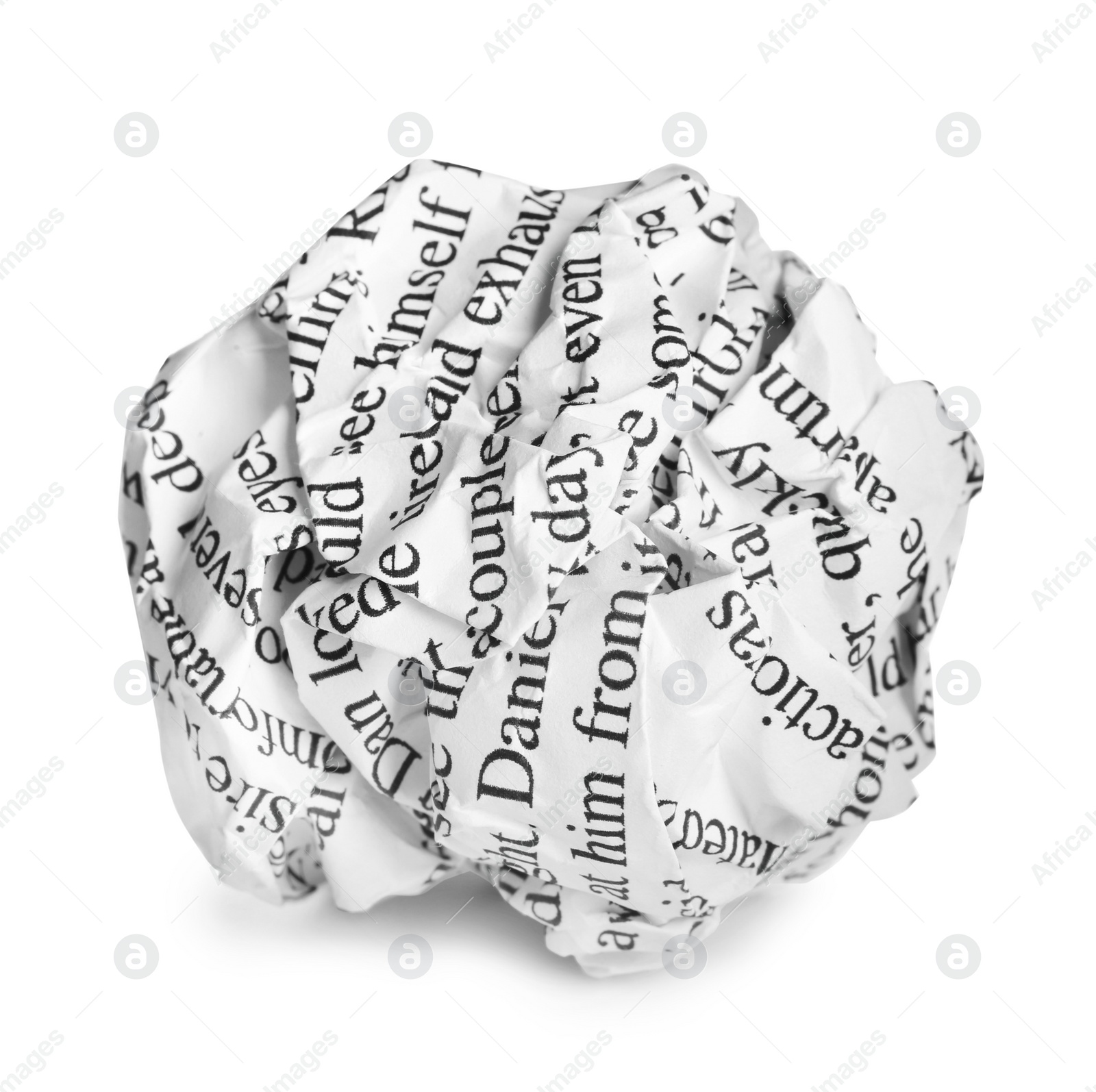 Photo of Crumpled sheet of paper with printed text isolated on white