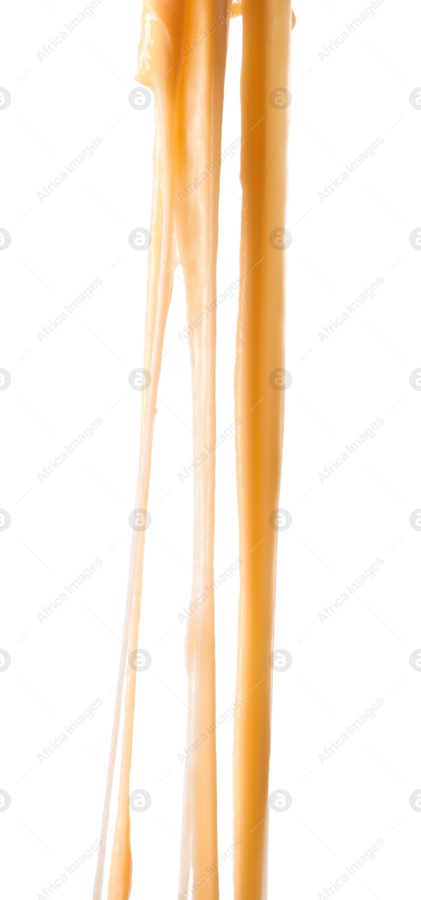 Photo of Stretching delicious melted cheese isolated on white