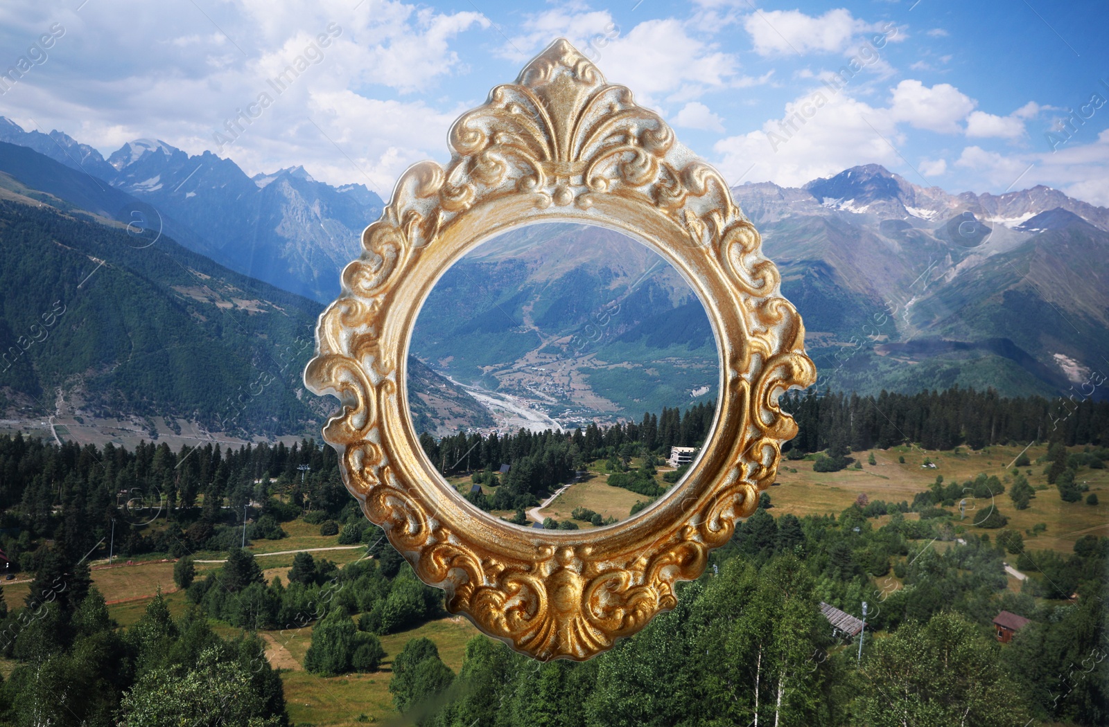 Image of Vintage frame and beautiful mountains under blue sky with clouds