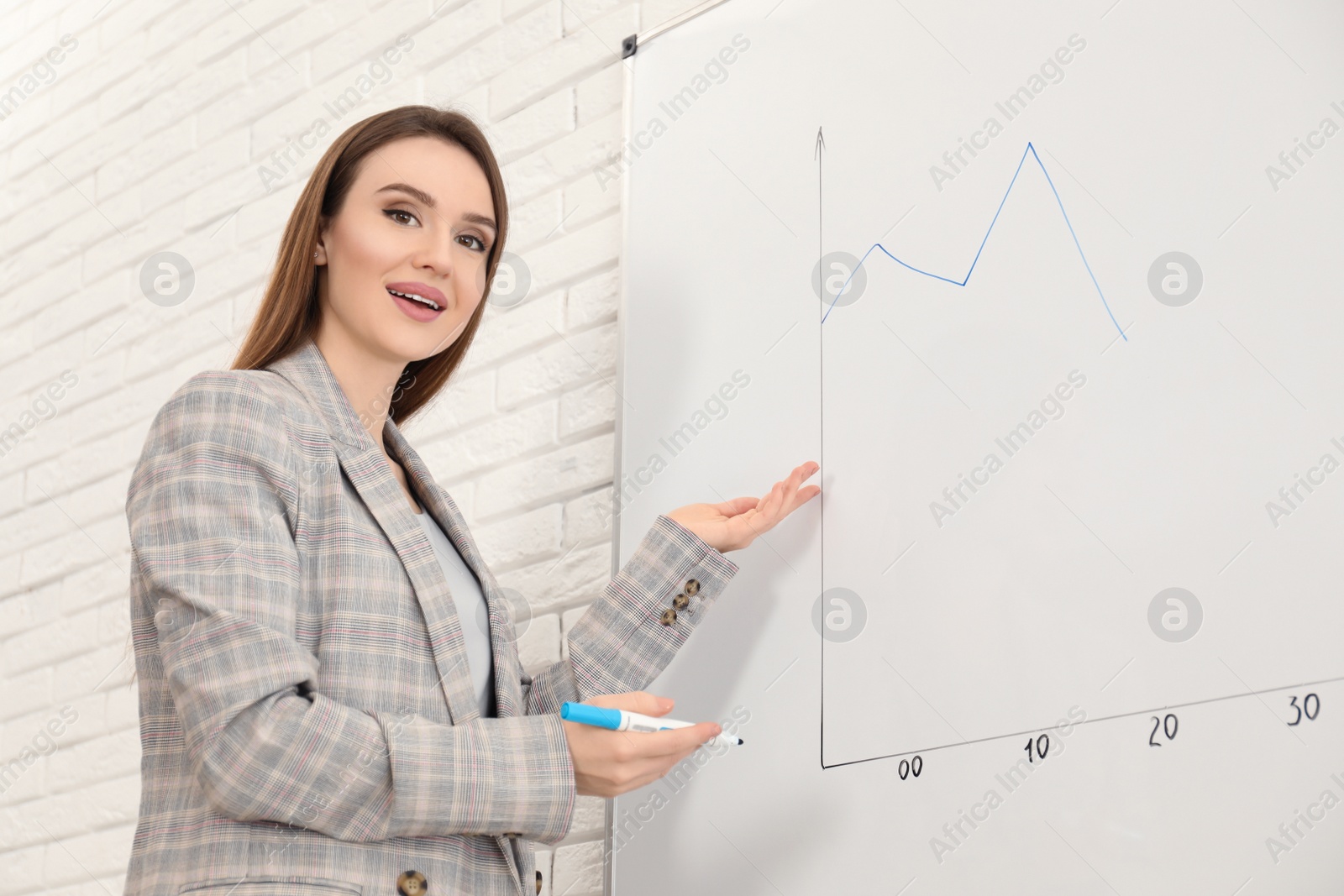 Photo of Professional business trainer near whiteboard in office