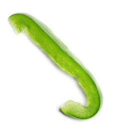 Slice of fresh green bell pepper on white background, top view