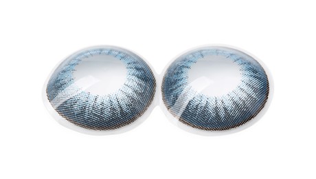 Photo of Two blue contact lenses isolated on white