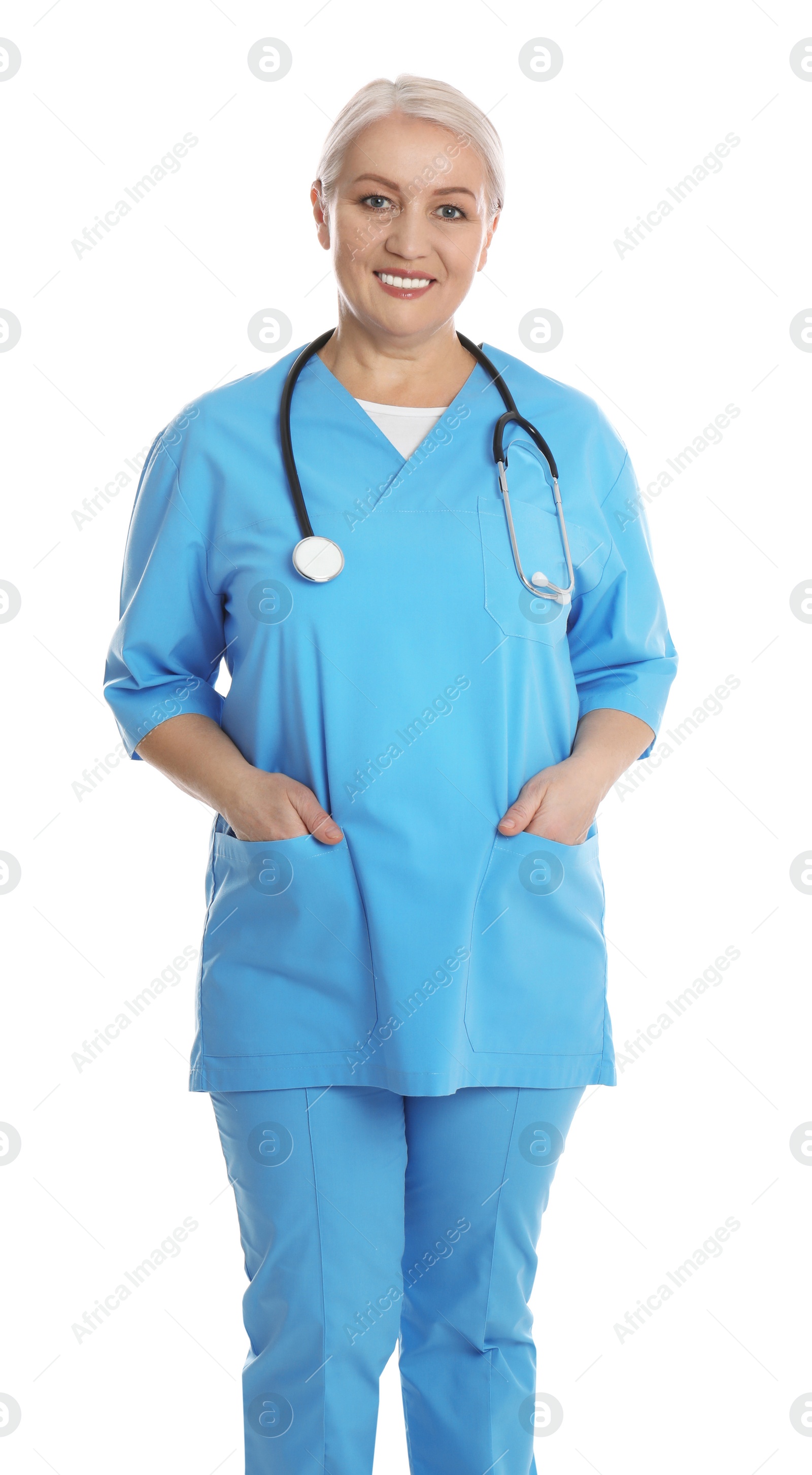 Photo of Portrait of mature doctor on white background