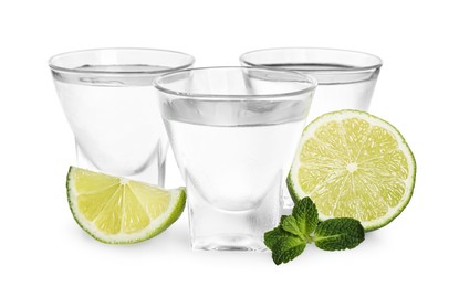 Photo of Shot glasses of vodka with lime and mint on white background