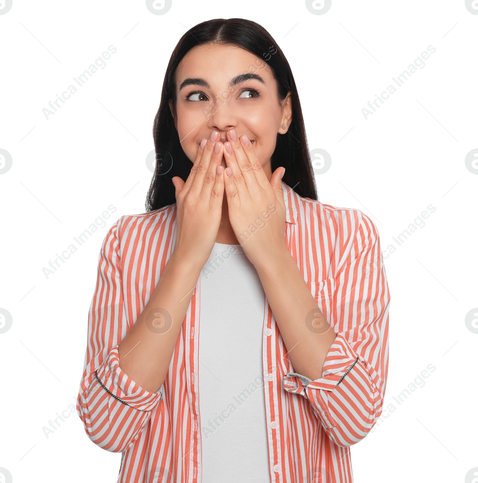 Photo of Embarrassed young woman covering mouth with hands on white background