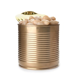 Photo of Tin can with conserved beans on white background