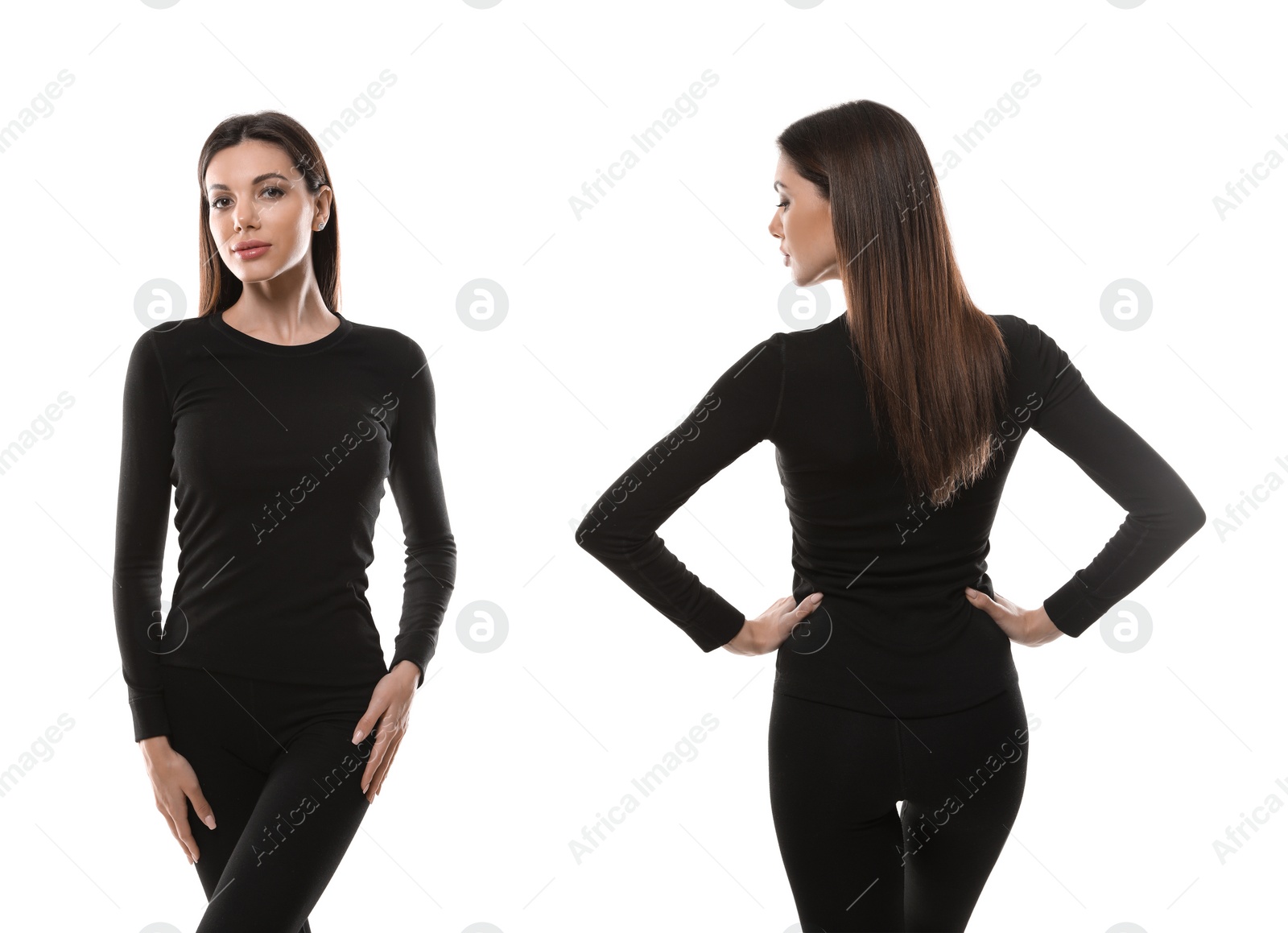 Image of Collage of woman wearing thermal underwear isolated on white