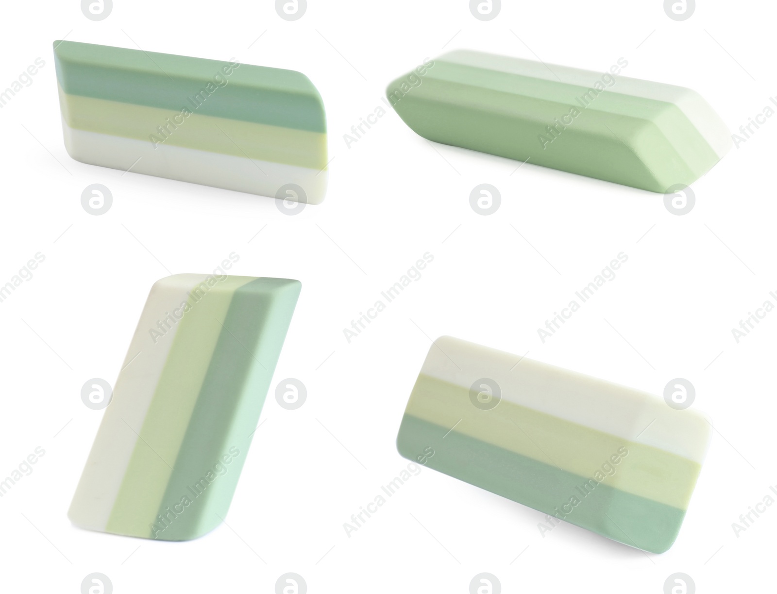 Image of Collage of rubber erasers on white background