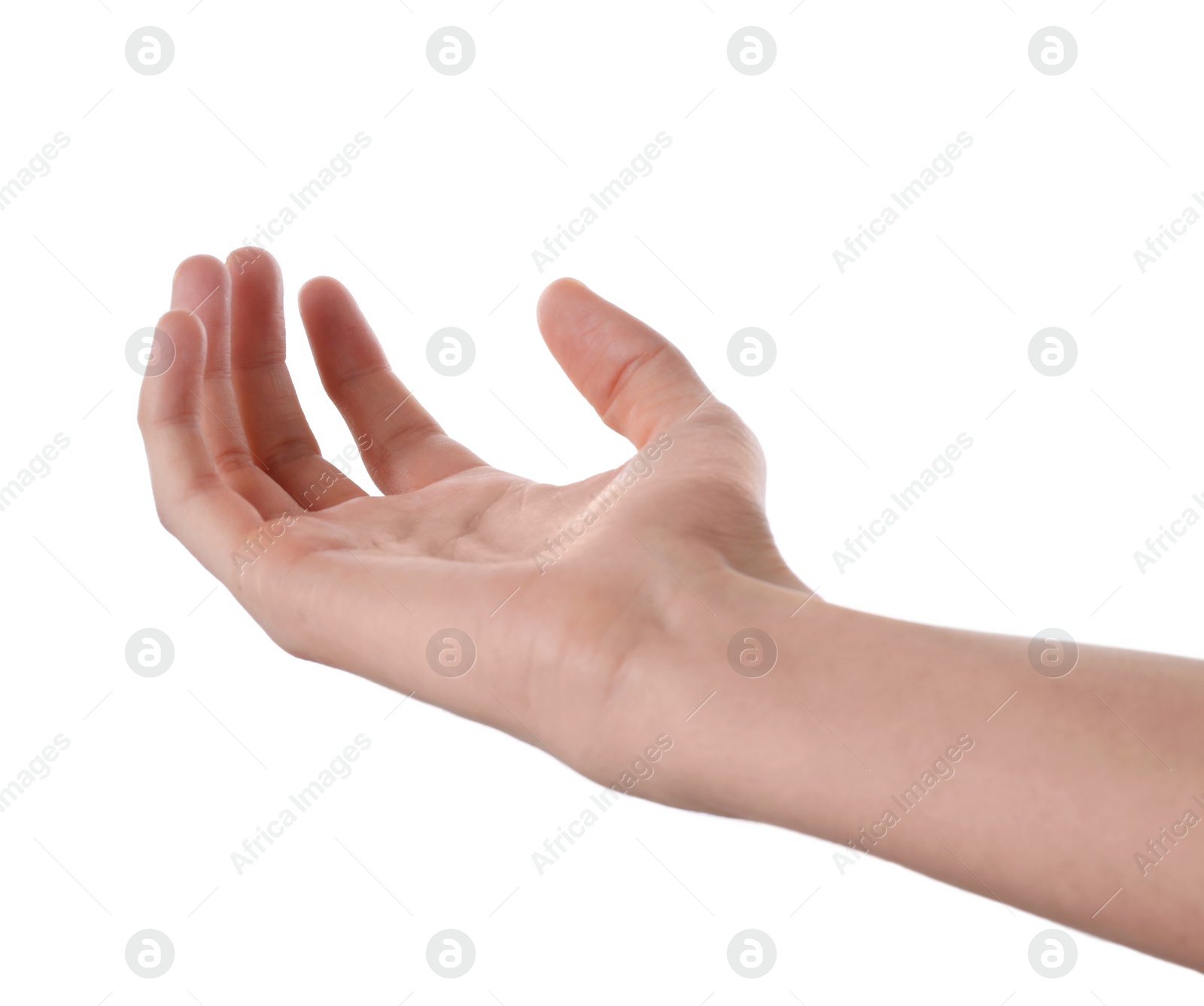 Photo of Woman holding something on white background, closeup of hand