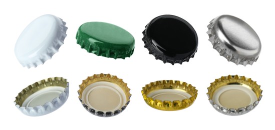 Different beer bottle caps isolated on white, set