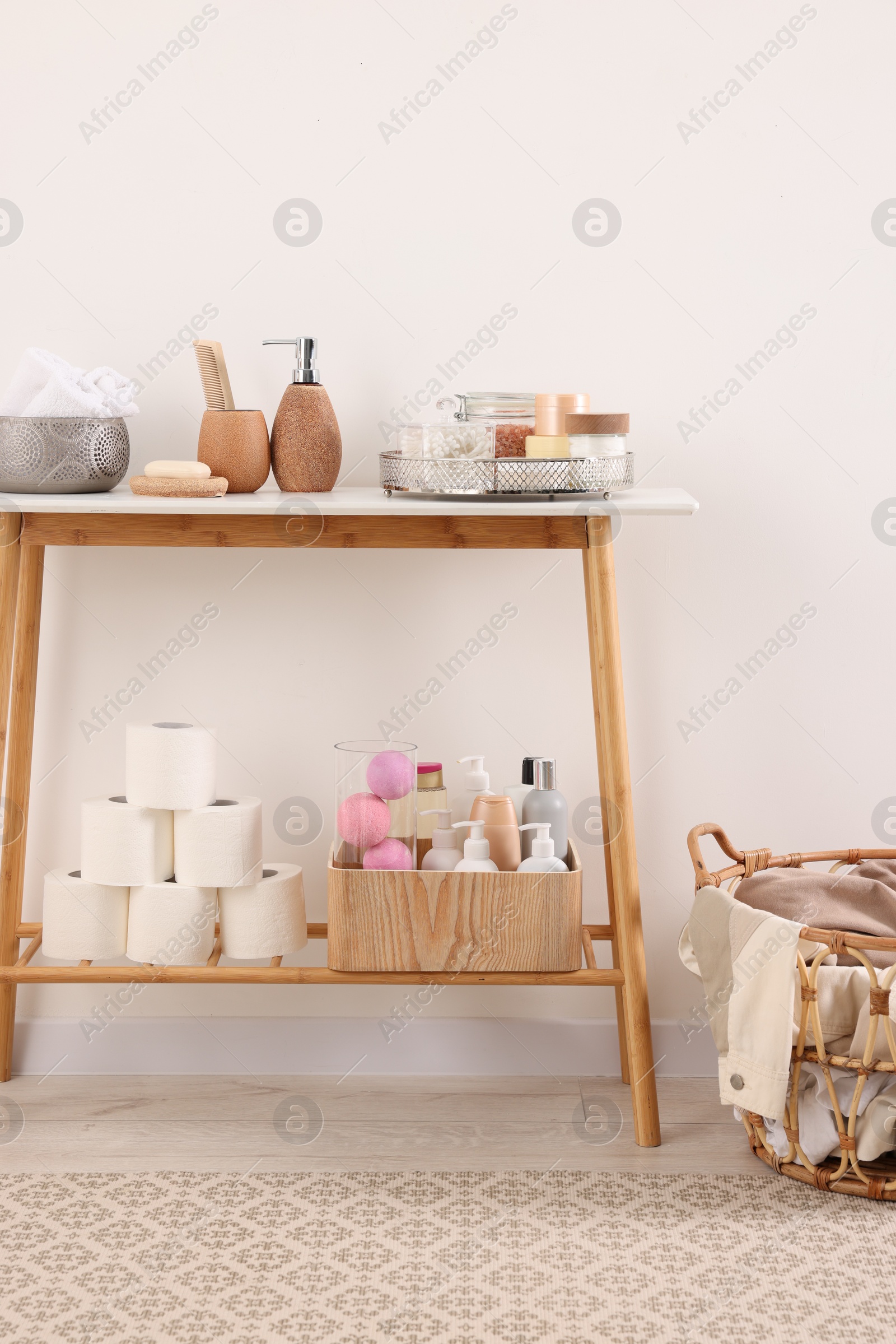 Photo of Different bath accessories and personal care products indoors