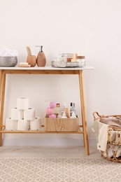 Photo of Different bath accessories and personal care products indoors