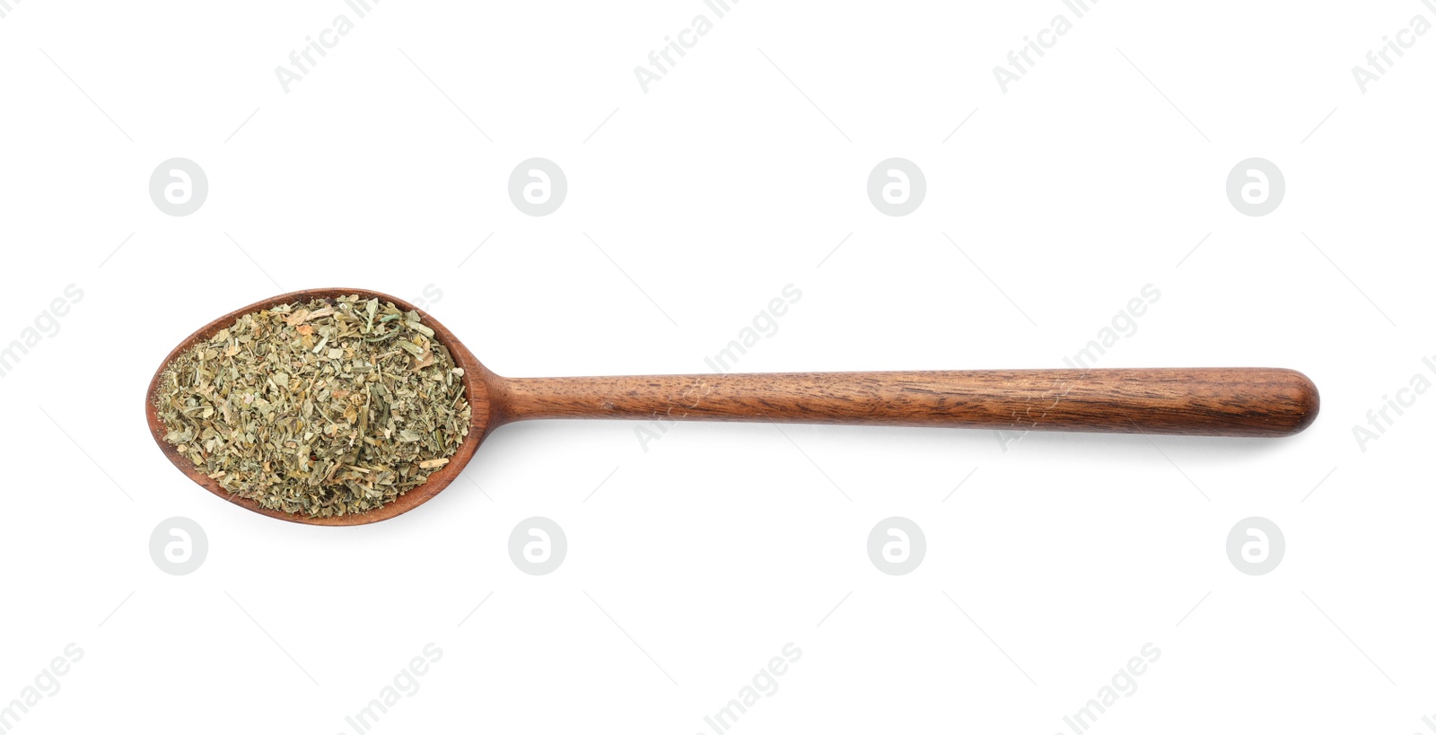 Photo of Spoon with dried parsley on white background, top view