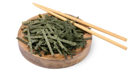 Photo of Wooden board with chopped crispy nori sheets and chopsticks isolated on white