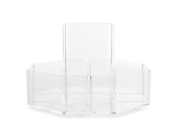 Photo of Empty lipstick holder on white background. Makeup organizer