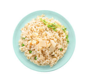 Photo of Delicious risotto with cheese isolated on white, top view