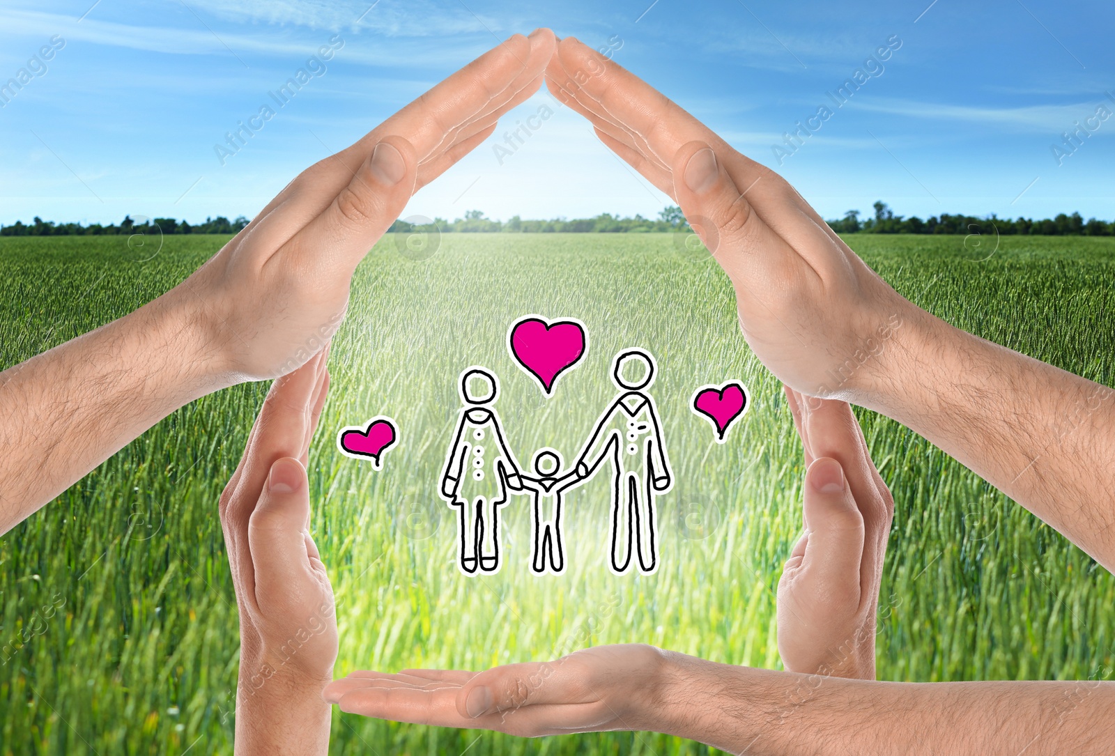 People forming house with their hands and illustration of family against beautiful landscape, closeup Image of People forming house with their hands and illustration of family against beautiful landscape, closeup