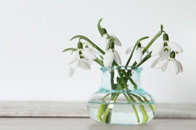 Photo of Beautiful snowdrop flowers in glass vase on wooden table, space for text