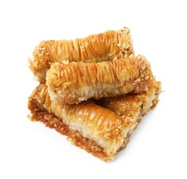 Photo of Eastern sweets. Pieces of tasty baklava isolated on white