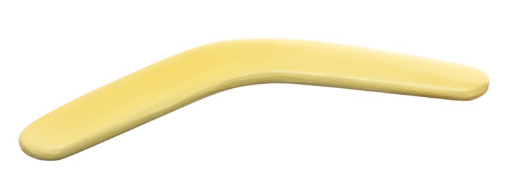 Photo of Yellow boomerang isolated on white. Outdoors activity