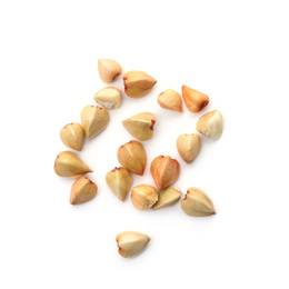 Photo of Organic green buckwheat isolated on white, top view