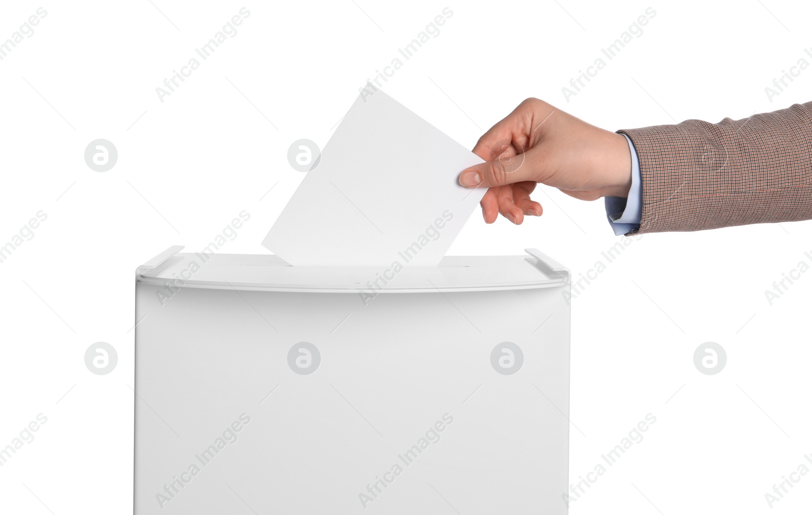 Woman putting her vote into ballot box on white background, closeup Photo of Woman putting her vote into ballot box on white background, closeup