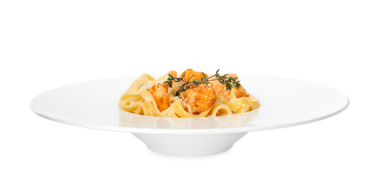 Photo of Delicious pasta with shrimps isolated on white