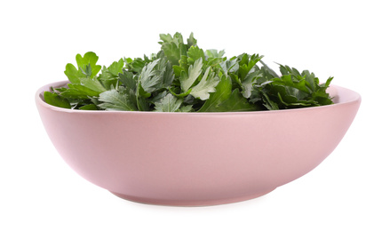 Photo of Fresh green parsley in bowl isolated on white