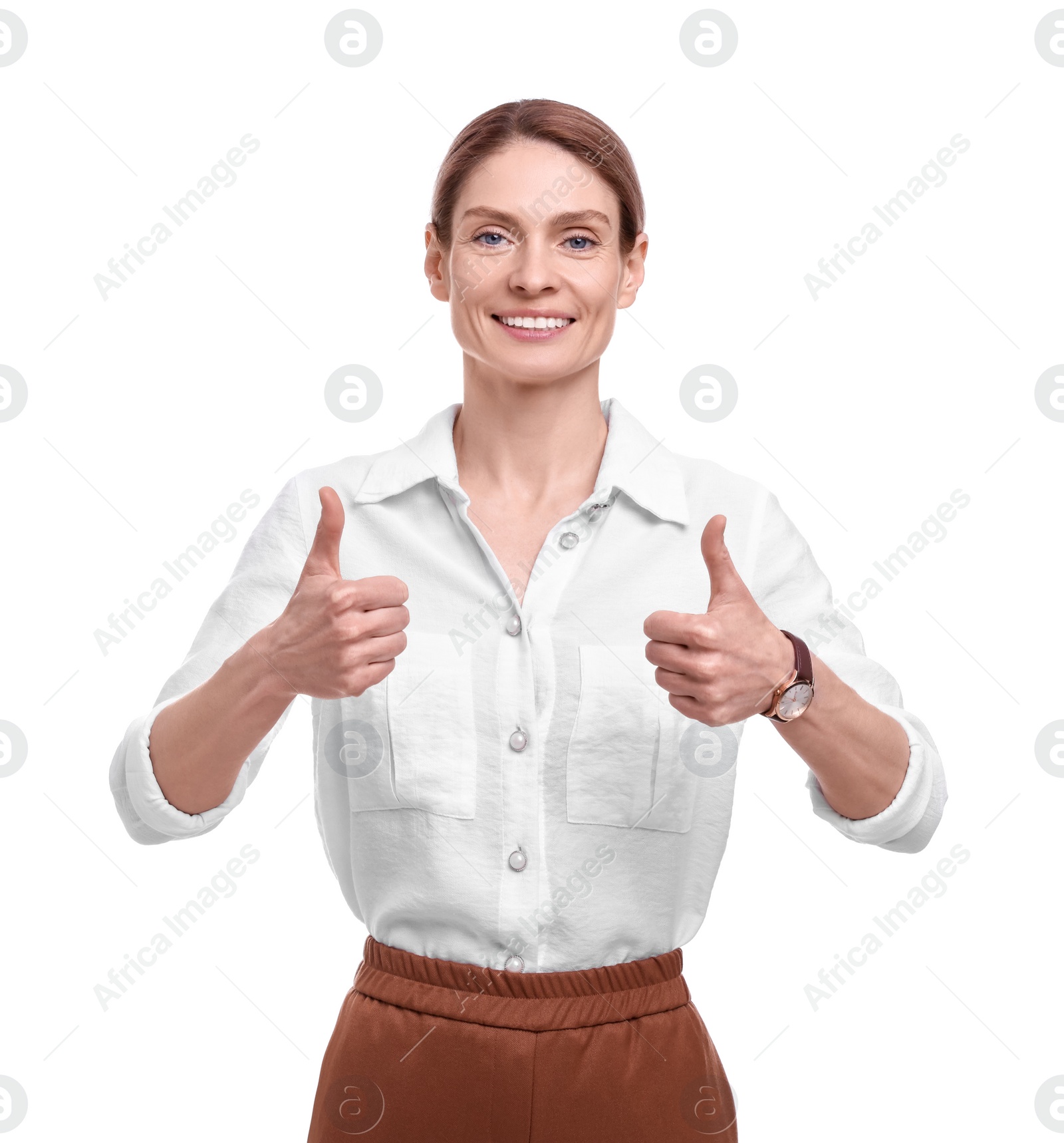 Beautiful happy businesswoman showing thumbs up on white background Photo of Beautiful happy businesswoman showing thumbs up on white background