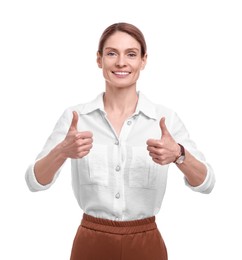 Photo of Beautiful happy businesswoman showing thumbs up on white background