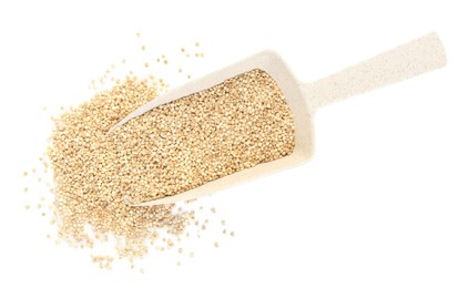 Photo of Scoop with quinoa on white background, top view