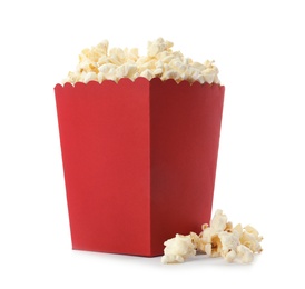 Photo of Red bucket with delicious popcorn on white background