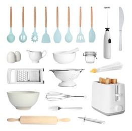 Image of Set with different kitchenware on white background 