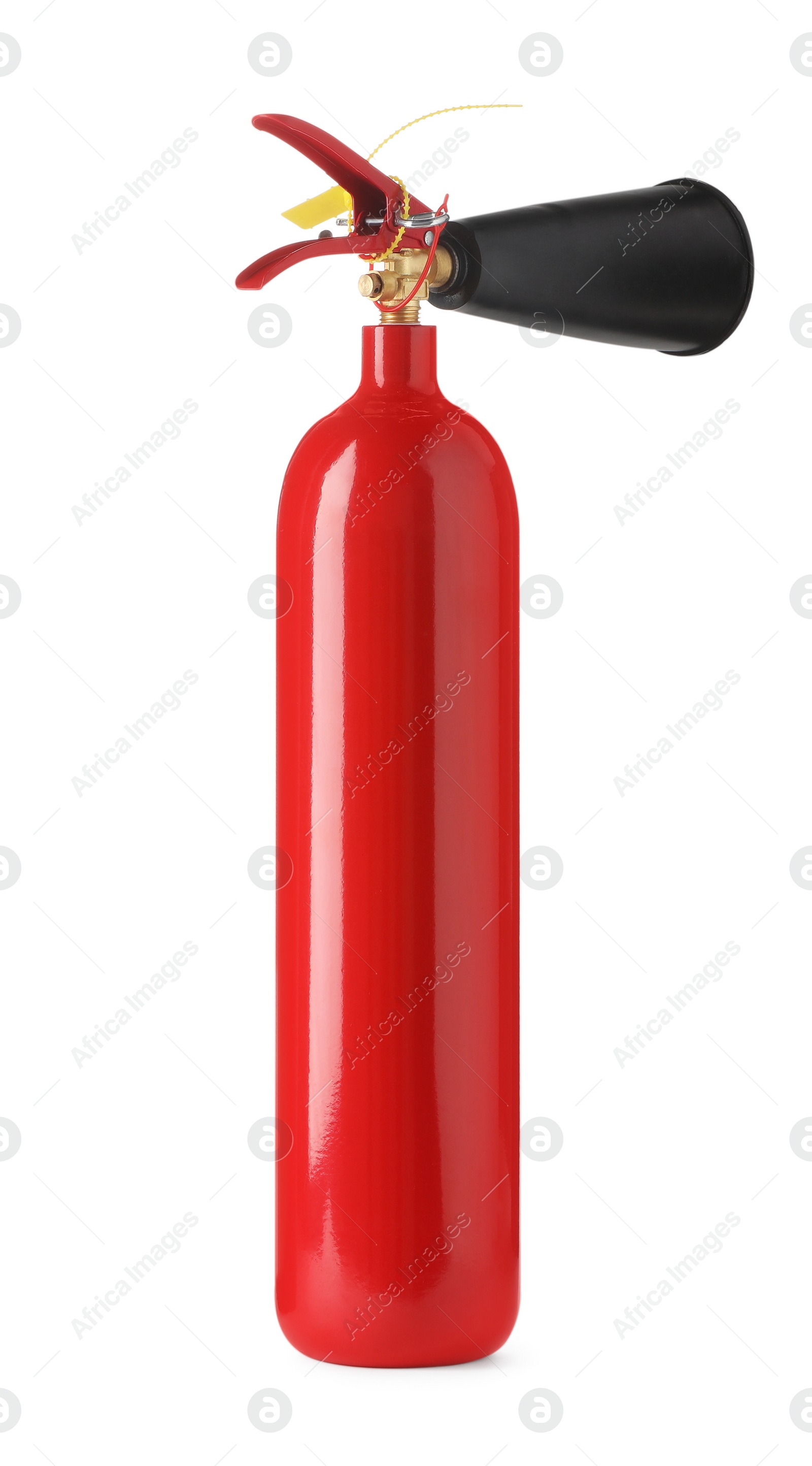 Photo of One red fire extinguisher on white background