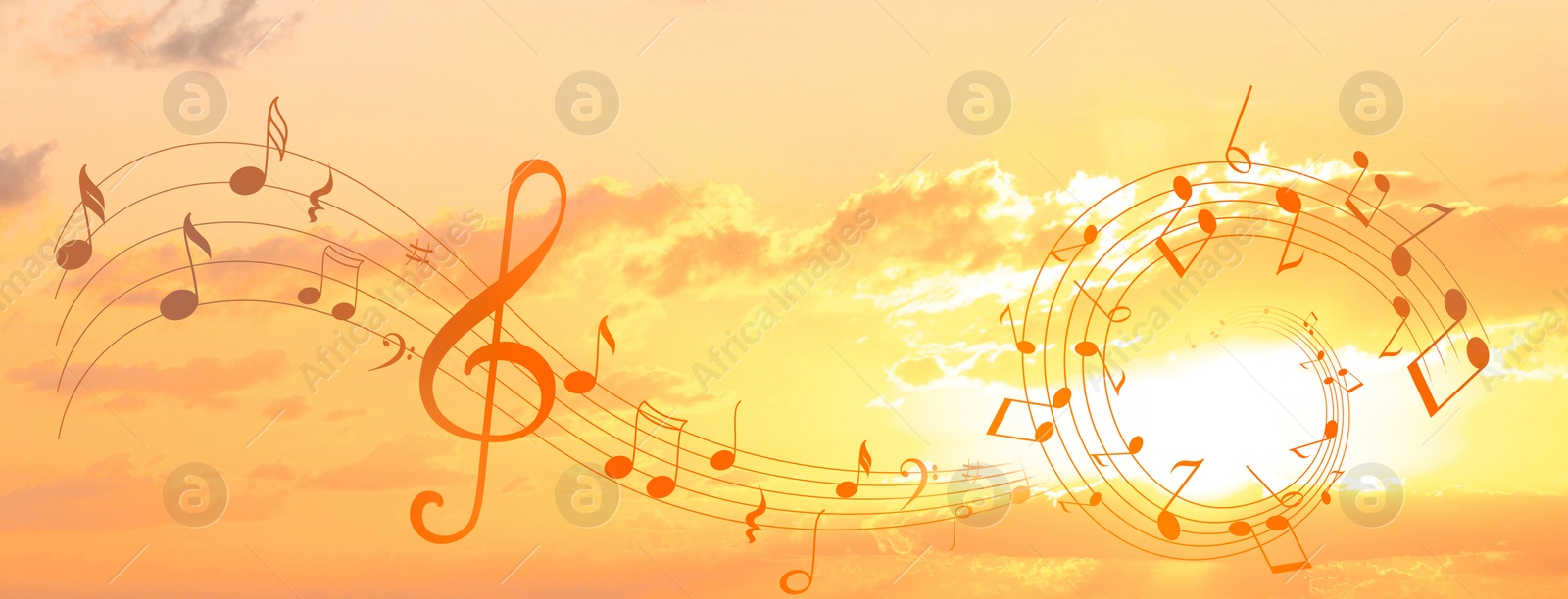 Image of Treble clef and swirly staff with musical notes against sunset sky, banner design