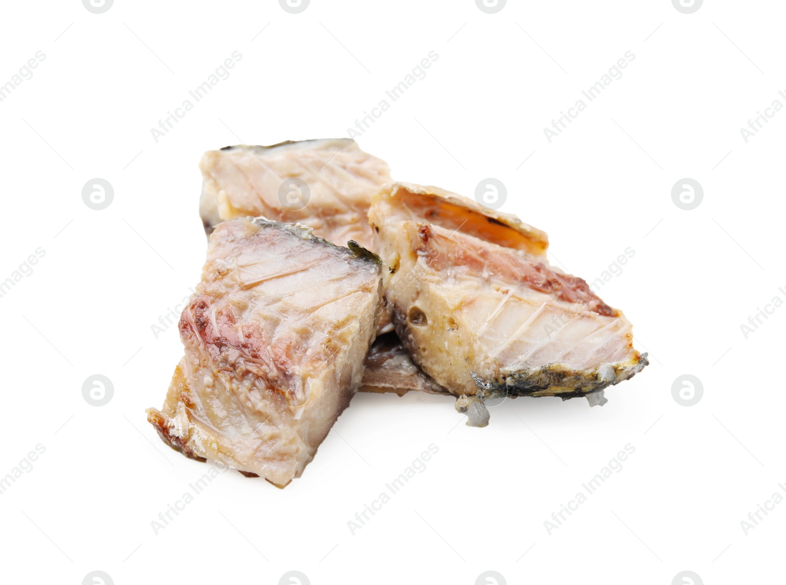 Photo of Delicious canned mackerel chunks on white background