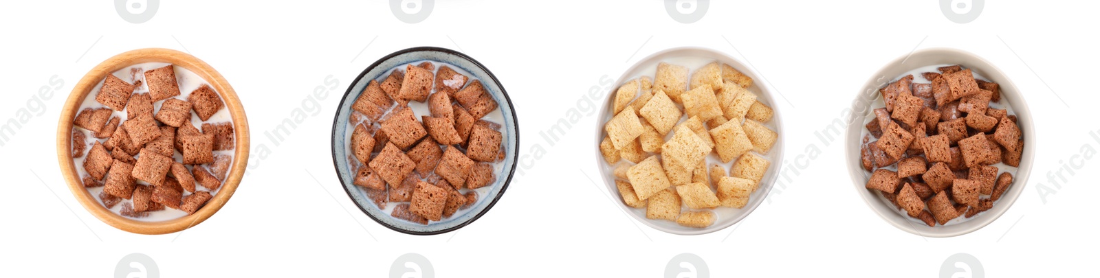 Image of Tasty corn pads with milk in bowls on white background, collage. Banner design