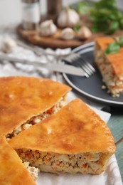 Photo of Delicious meat pie on table, closeup. Space for text
